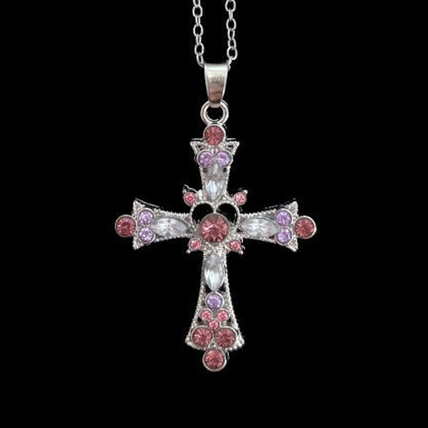 Silver Cross with Heart Necklace Chain Pendant, Cross Necklace, Cross with Heart Necklace, Cross Pendant, Large Cross, Pink Gothic Cross