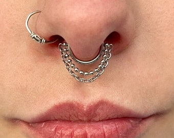 16G Chain Septum Ring, Silver Septum Spinner Clicker, Goth Septum Jewelry, Unique Septum Piercing, Steampunk Septum Ring