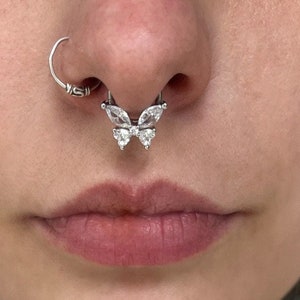 16G Butterfly Septum Ring, Cute Septum Jewelry, Silver Butterfly Septum Clicker, Conch Helix Cartilage Piercing, Nose Ring