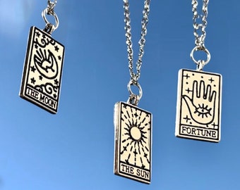 Collar de cartas de tarot, joyería de cartas de tarot de plata, sol, luna, fortuna, collar de astrología, collar de brujas, joyería mística