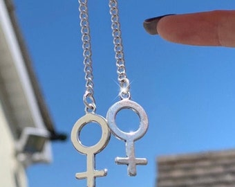 Female Venus Symbol Silver Chain Dangle Earrings