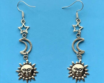Sun Moon and Stars Earrings, Celestial Earrings, Silver Dangle Drop Earrings