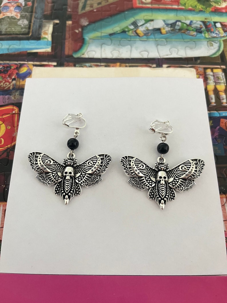Death Head Moth Clip On Earrings, Gothic Clip-On Earrings, Goth Non-Pierced Earrings, Death Moth Earrings image 9