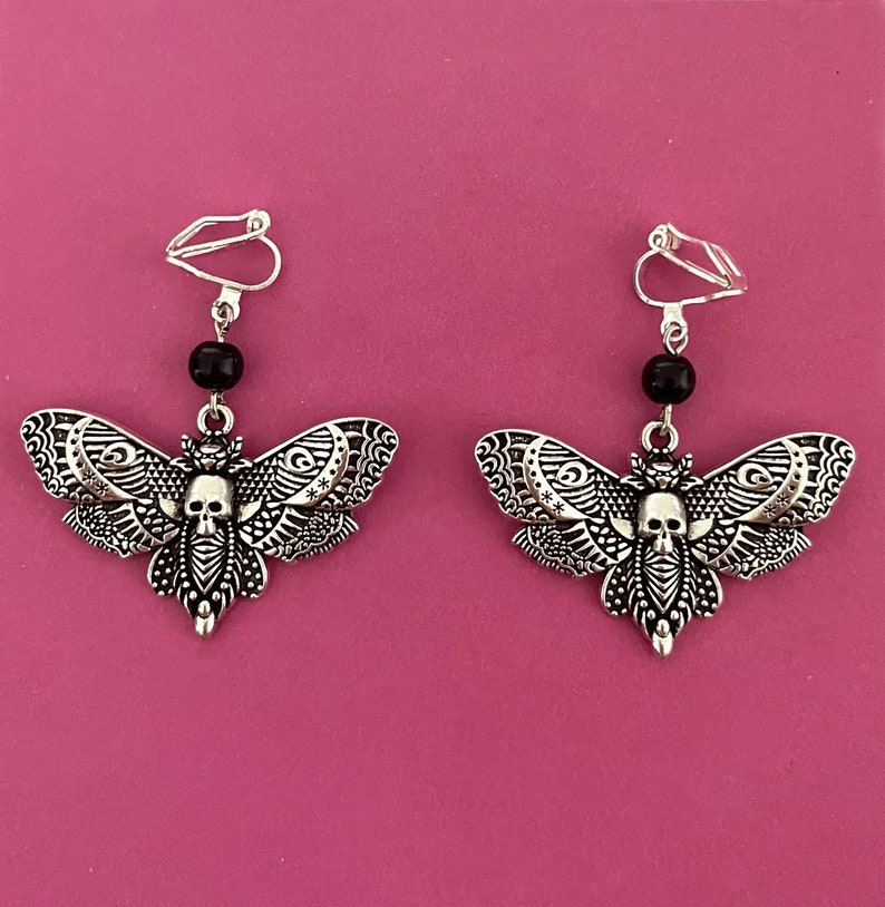 Death Head Moth Clip On Earrings, Gothic Clip-On Earrings, Goth Non-Pierced Earrings, Death Moth Earrings image 2