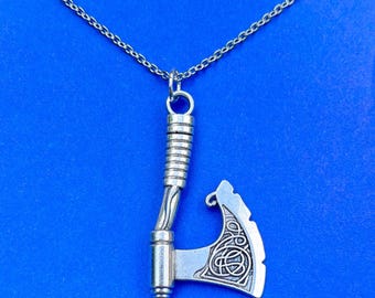 Silver Viking Battle Axe Necklace, Norse Kratos War Axe Pendant
