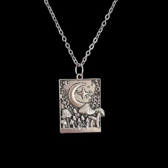 Mushroom Necklace, Silver Toadstool Necklace Chain Pendant, Mushroom and Moon Jewelry, Cottagecore Necklace, Fairycore Jewelry