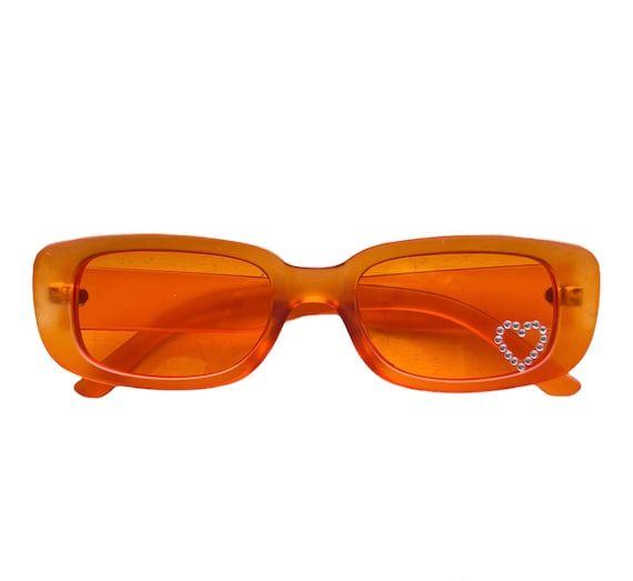 Y2K Orange Sunglasses With Heart Rhinestones, Retro Rectangle Sunglasses,  Women Y2K Glasses for Parties Festival Rave 