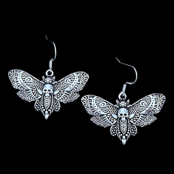 Pendientes de polilla calavera, pendientes góticos, joyería gótica, joyería de brujas