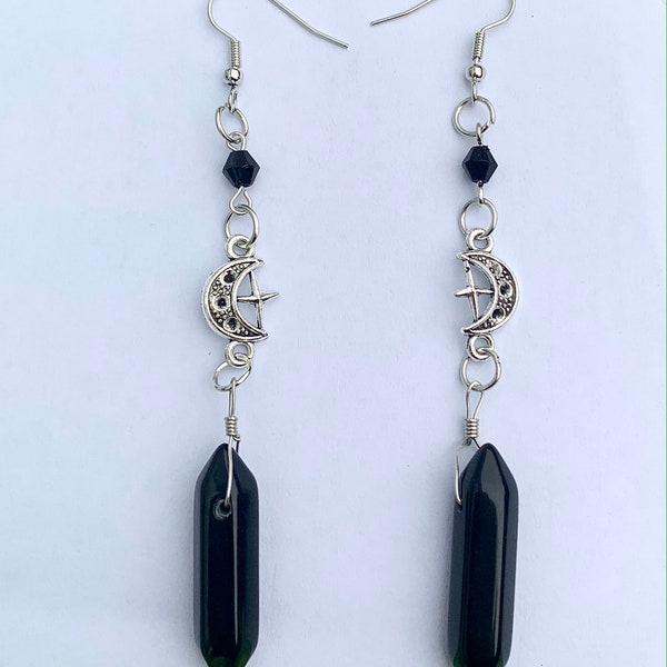 Celestial Moon and Star Black and Silver Earrings, Gothic Earrings, Bohemian Crystal Earrings, Goth Earrings Jewelry, Long Dangle Earrings