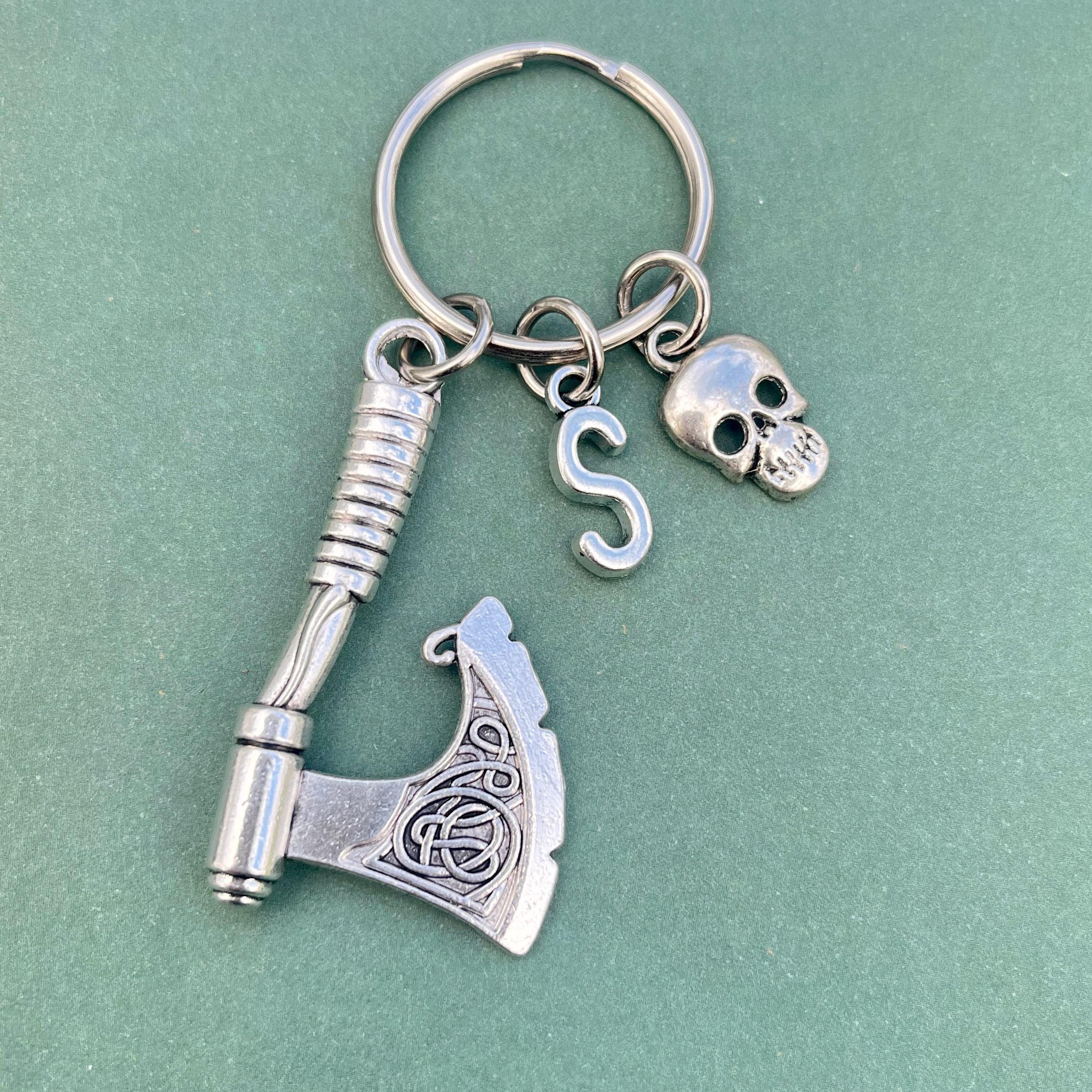Viking Axe Keychain, Personalised Initial Scandinavian Keyring