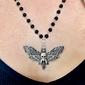 Death Head Moth Necklace, Goth Rosary Necklace, Silver Moth Jewelry, Gothic Jewelry, Witch Jewellery, Bug Necklace, Insect Necklace