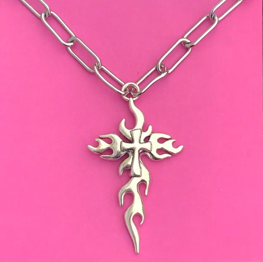 Large Cross Necklace, Silver Cross Necklace, Flame Cross Necklace