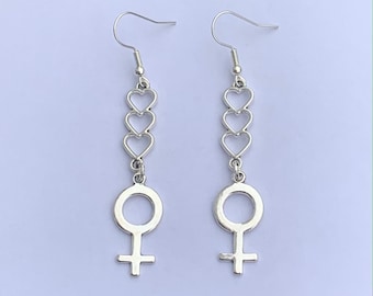 Female Venus Symbol Feminist Heart Silver Earrings
