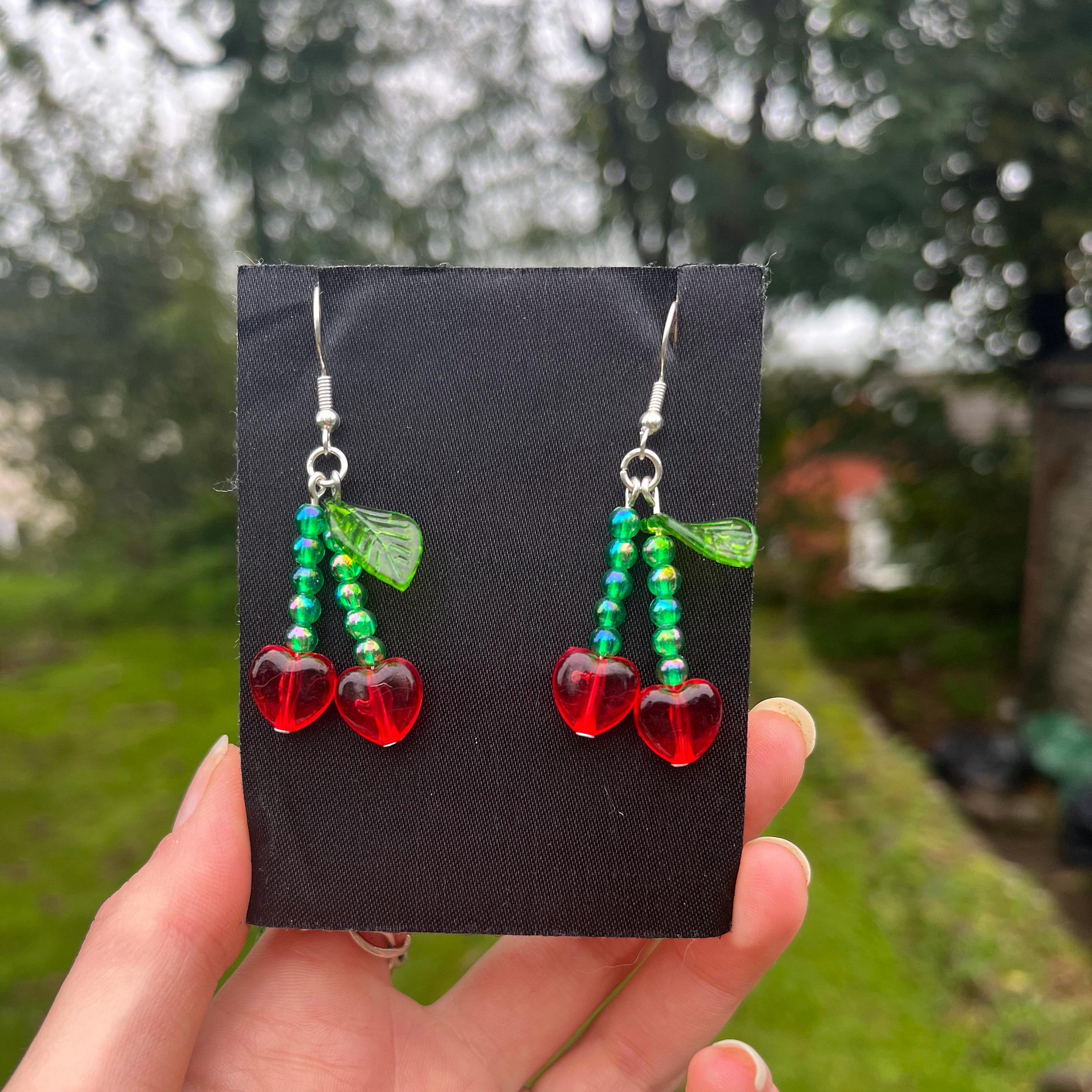 Y2K Cherry Heart Earrings, Green and Red Beaded Cherry