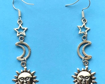 Pendientes colgantes con diseño celestial de sol, luna y estrellas: Joyería Whimsigoth