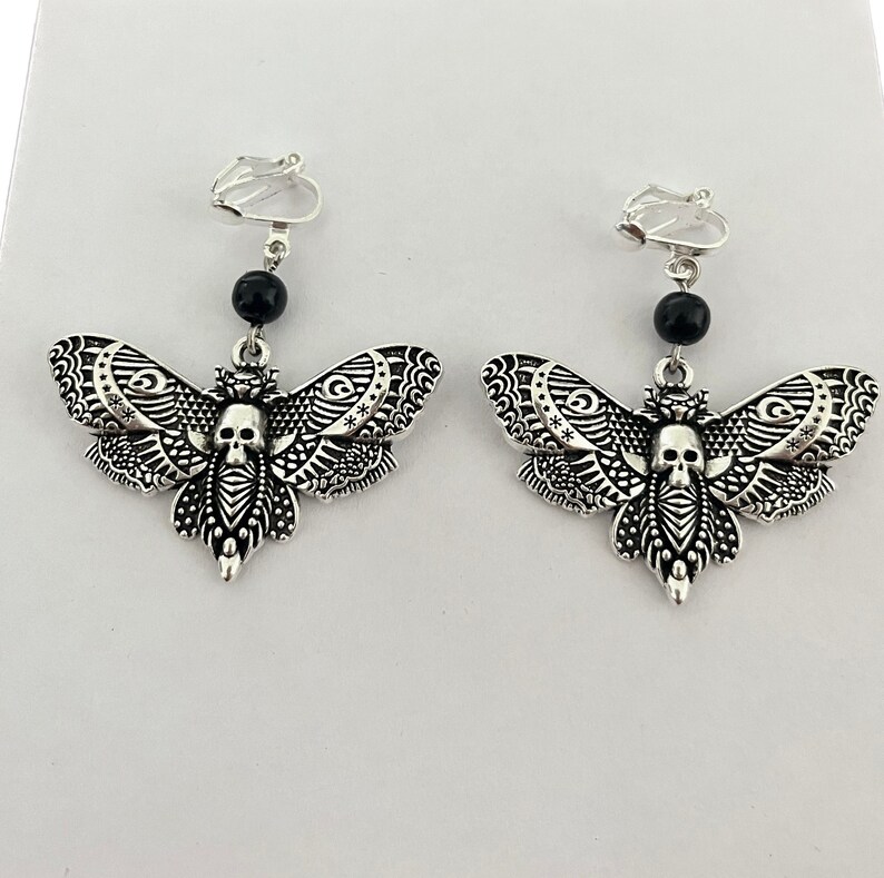 Death Head Moth Clip On Earrings, Gothic Clip-On Earrings, Goth Non-Pierced Earrings, Death Moth Earrings image 1