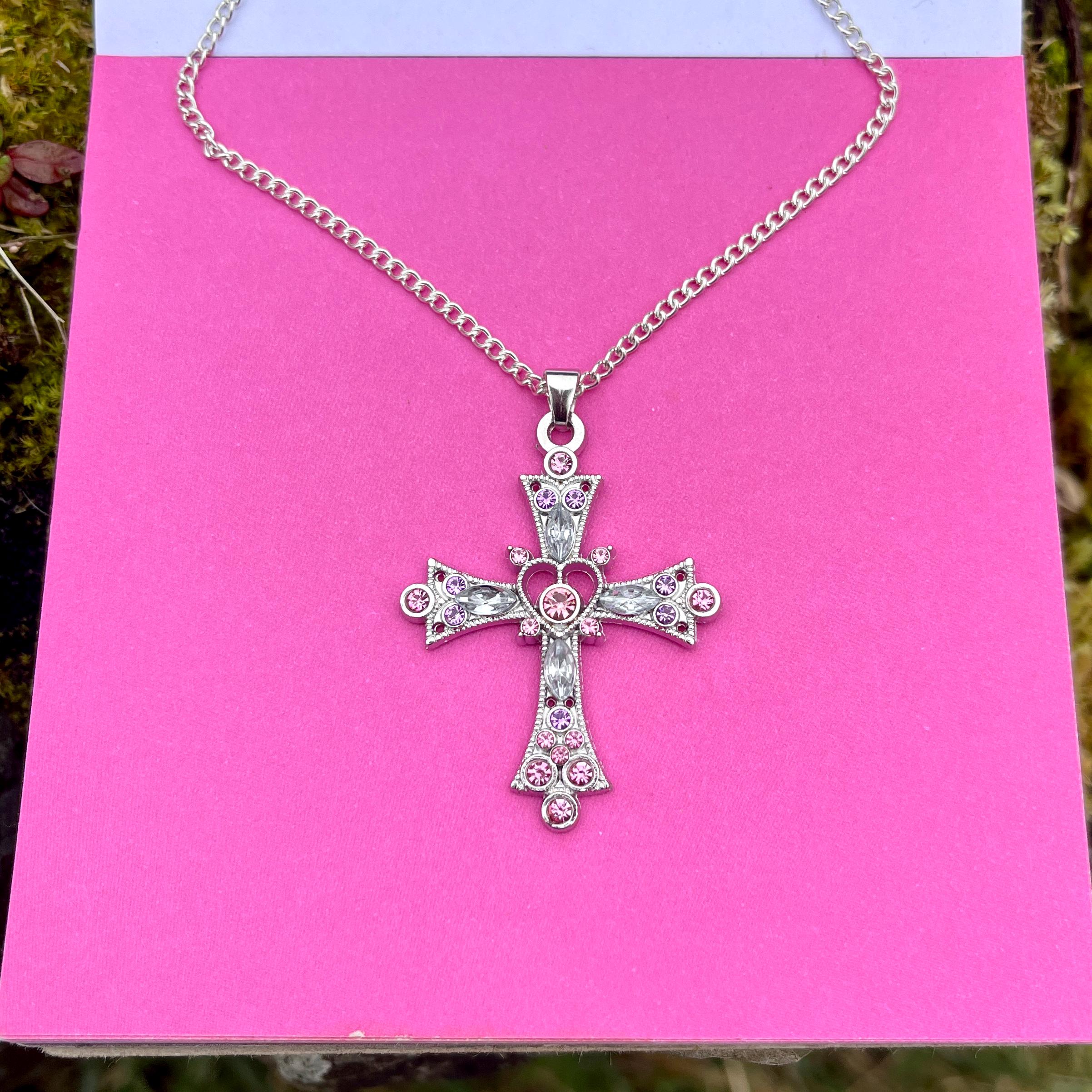 Pink Heart Gothic Cross Necklace, Y2K Silver Pendant - Etsy