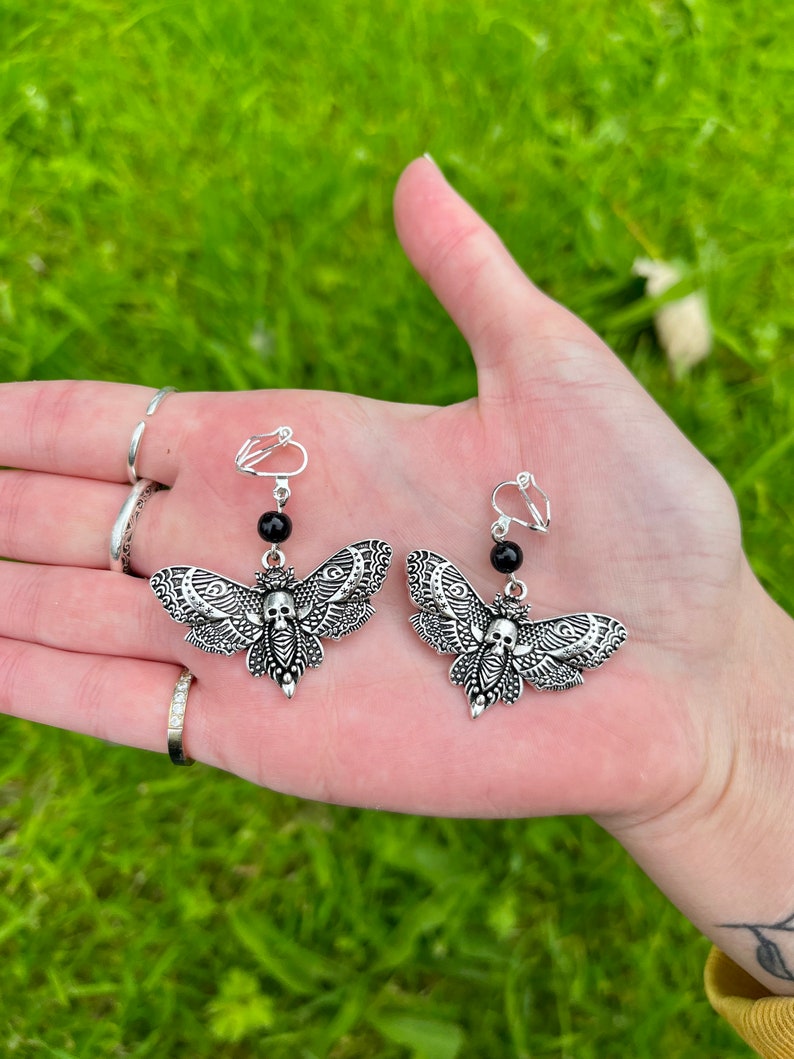 Death Head Moth Clip On Earrings, Gothic Clip-On Earrings, Goth Non-Pierced Earrings, Death Moth Earrings image 7