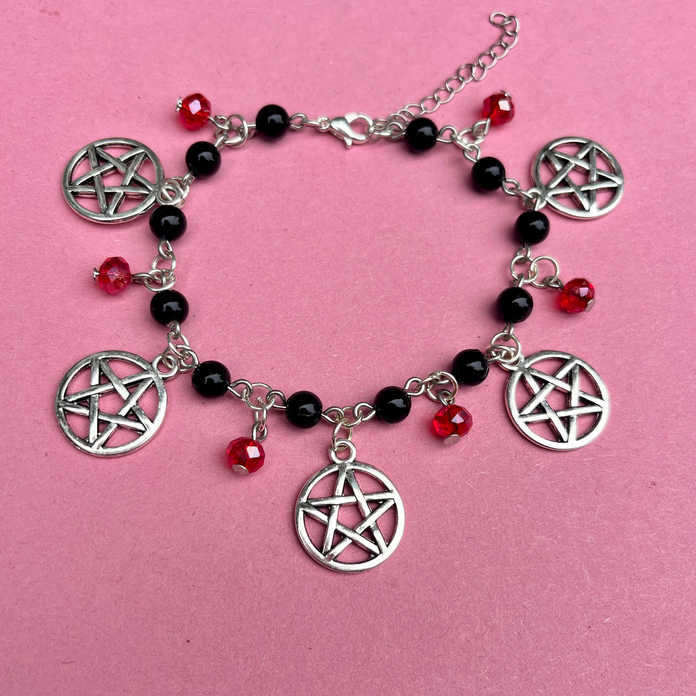 Bracelet Pentagramme Argenté Alchemy Gothic - Taille Réglable - Étain Et Cristal