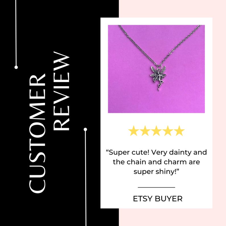 Puede incluir: Collar con colgante de hada plateada y cadena fina, sobre fondo morado. La imagen incluye una rese&ntilde;a de cliente con cinco estrellas doradas y el texto "Super cute! Very dainty and the chain and charm are super shiny!"