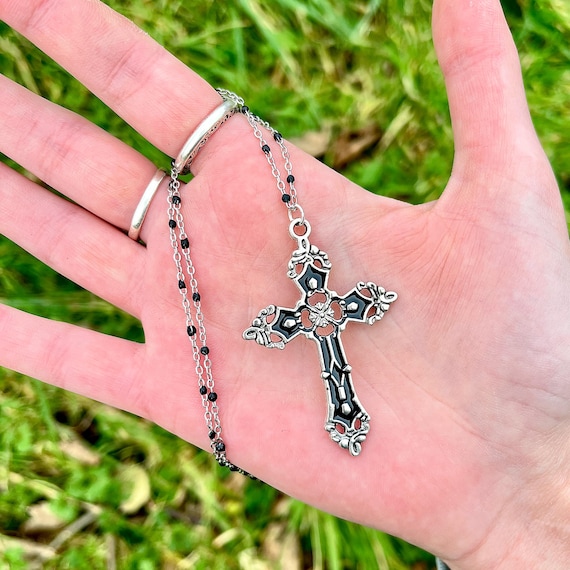 Silver and Black Goth Cross Necklace, Gothic Jewelry, Grunge