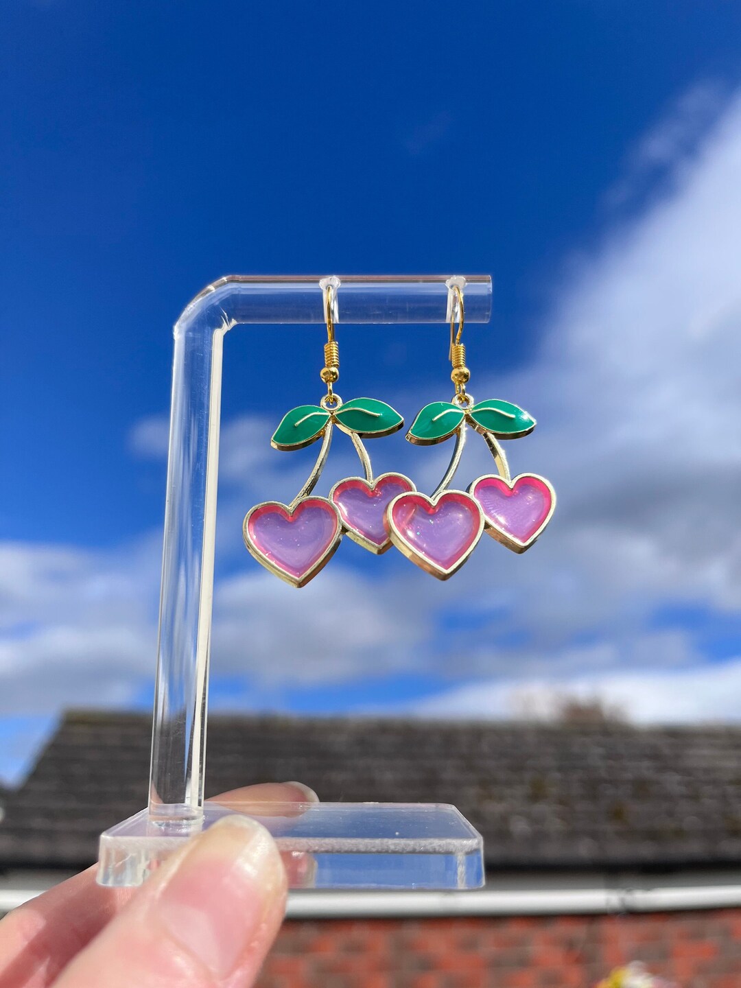 Y2K Cherry Heart Earrings, Gold Cherry Dangle Earrings, 90s Kawaii