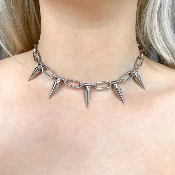 Spike Paperclip Chain Necklace: Silver Stainless Steel Punk Goth Rivet Choker