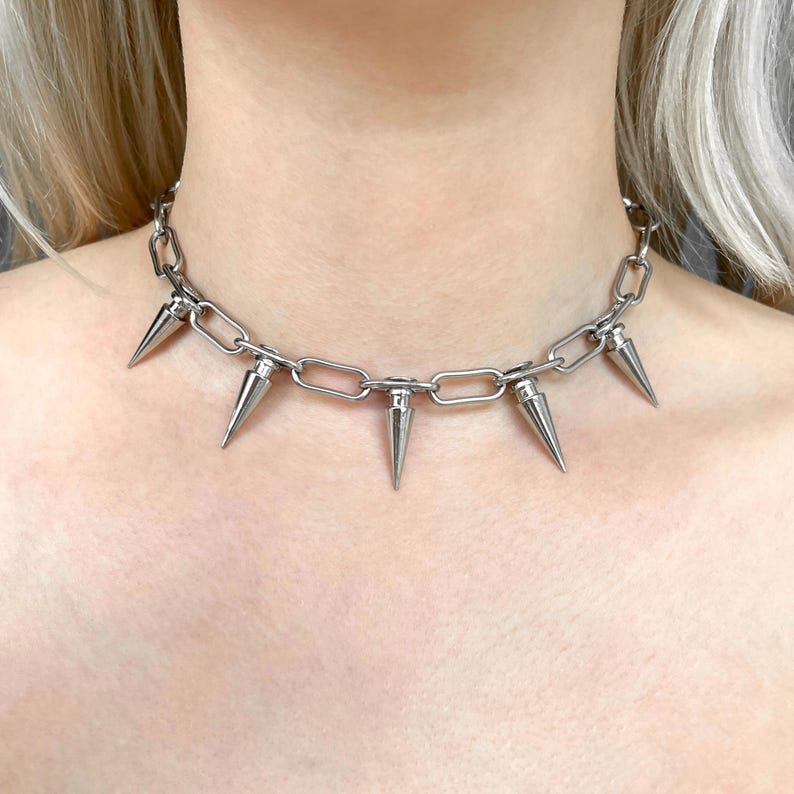 Alternative silver spike choker necklace statement jewellery