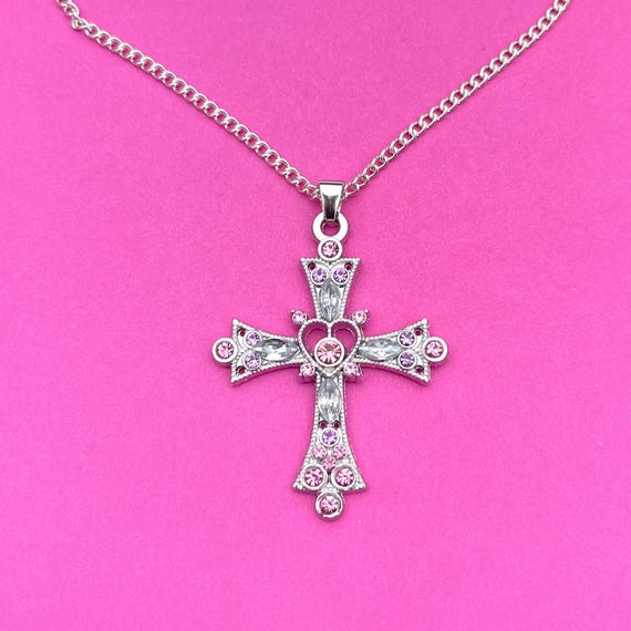 Pink Heart Gothic Cross Necklace, Y2K Silver Pendant - Etsy