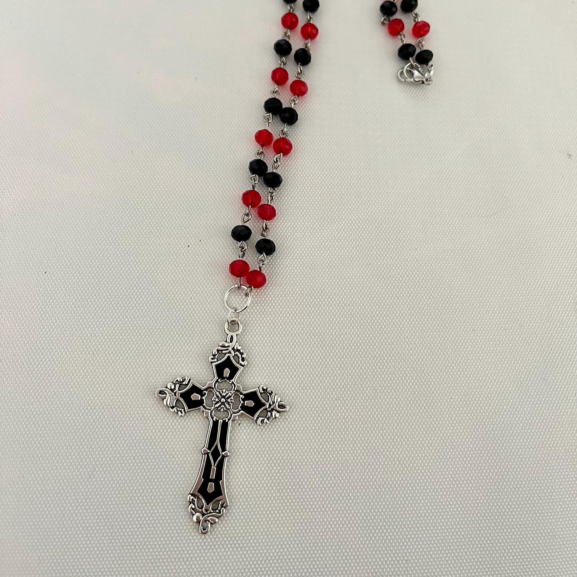 Goth Cross Rosary Necklace, Gothic Rosary Style Necklace