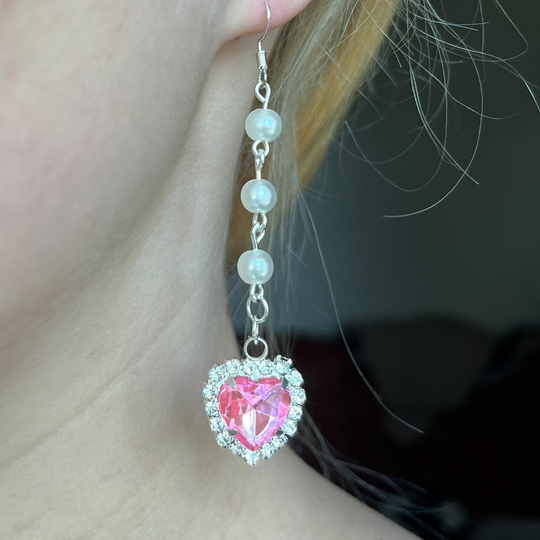 Y2K Pink Heart Earrings, 2000s Earrings, Kawaii Jewelry, Mcbling
