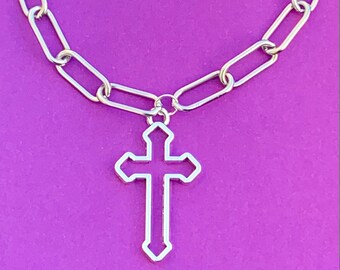 Cross Necklace Chain Pendant, Large Cross Necklace, Silver Chunky Chain, Gothic Cross, Goth Cross Necklace, Stainless Steel Boys Men Unisex