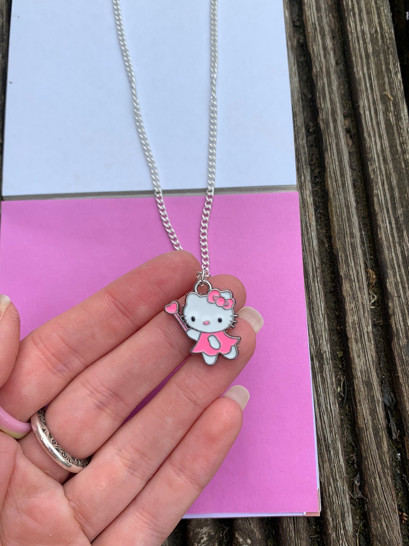 Hello Kitty Pink and White Silver Necklace Chain Pendant Y2K Etsy