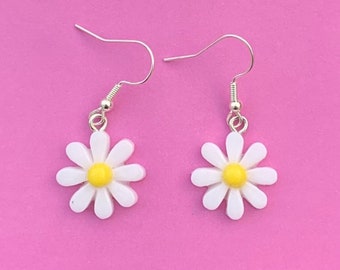 White Daisy Flower Silver Earrings
