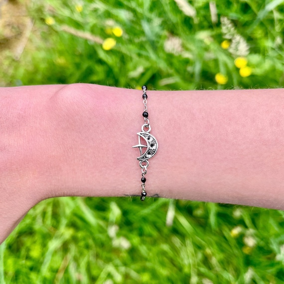 Moon and Star Bracelet, Goth Charm Bracelet, Witchy Bracelet, Gothic Jewelry, Dainty Crescent Moon Silver Bracelet, Whimsigoth, Gift For Her
