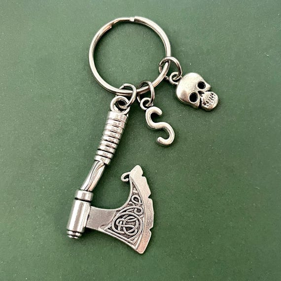 Viking Axe Keychain, Personalised Initial Scandinavian Keyring