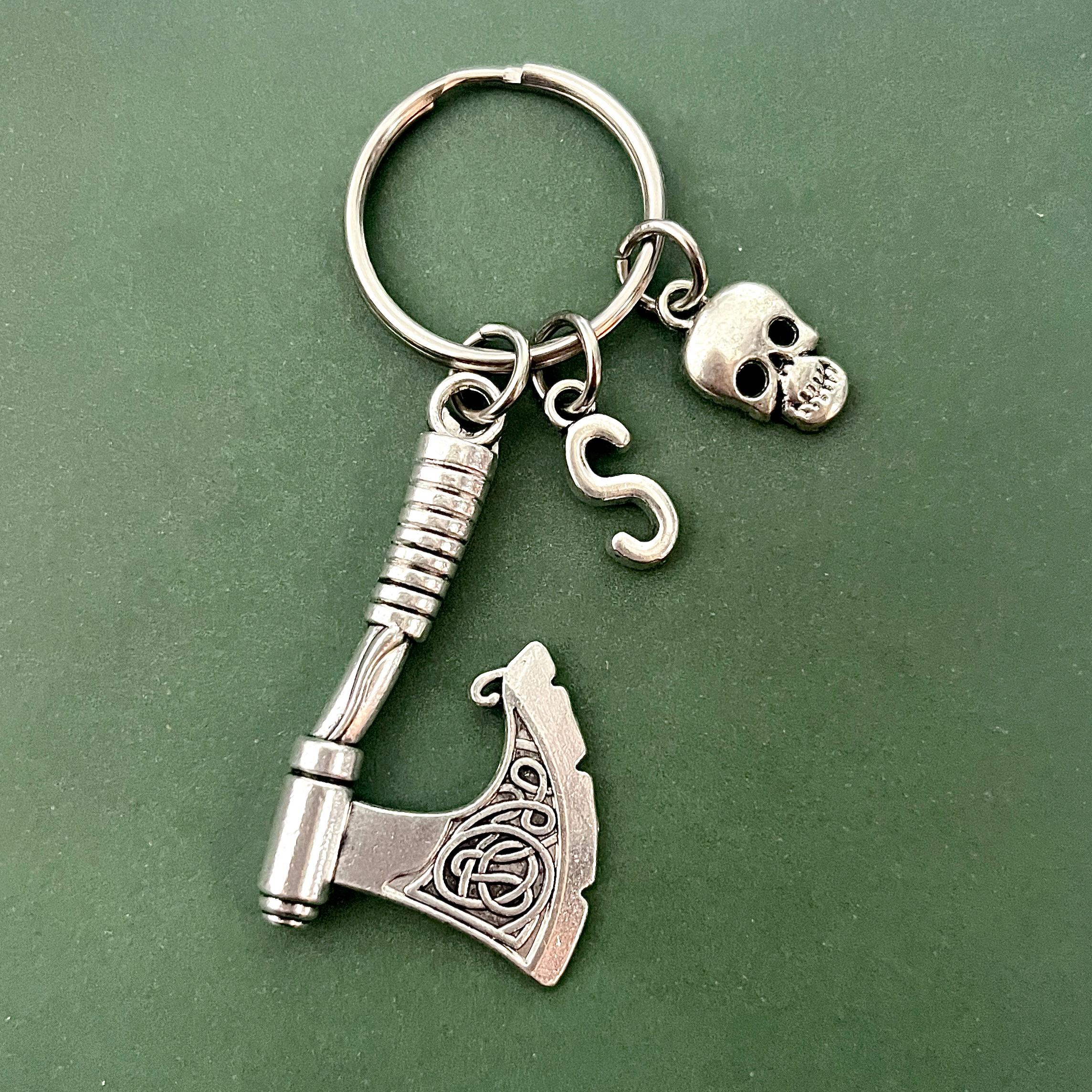 Viking Axe Keychain, Personalised Initial Scandinavian Keyring