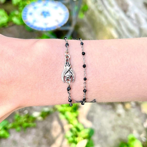Bat Bracelet, Goth Bracelet, Gothic Jewelry, Witchy Bracelet, Black Beaded Bracelet, Vampire Bracelet, Alt Jewelry, Double Wrap Bracelet