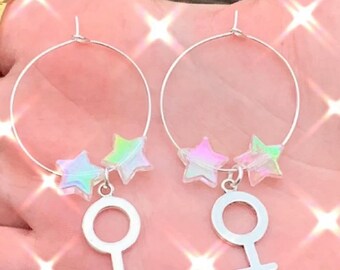 Female Symbol Hoop Earrings: Silver-Plated with Iridescent Stars