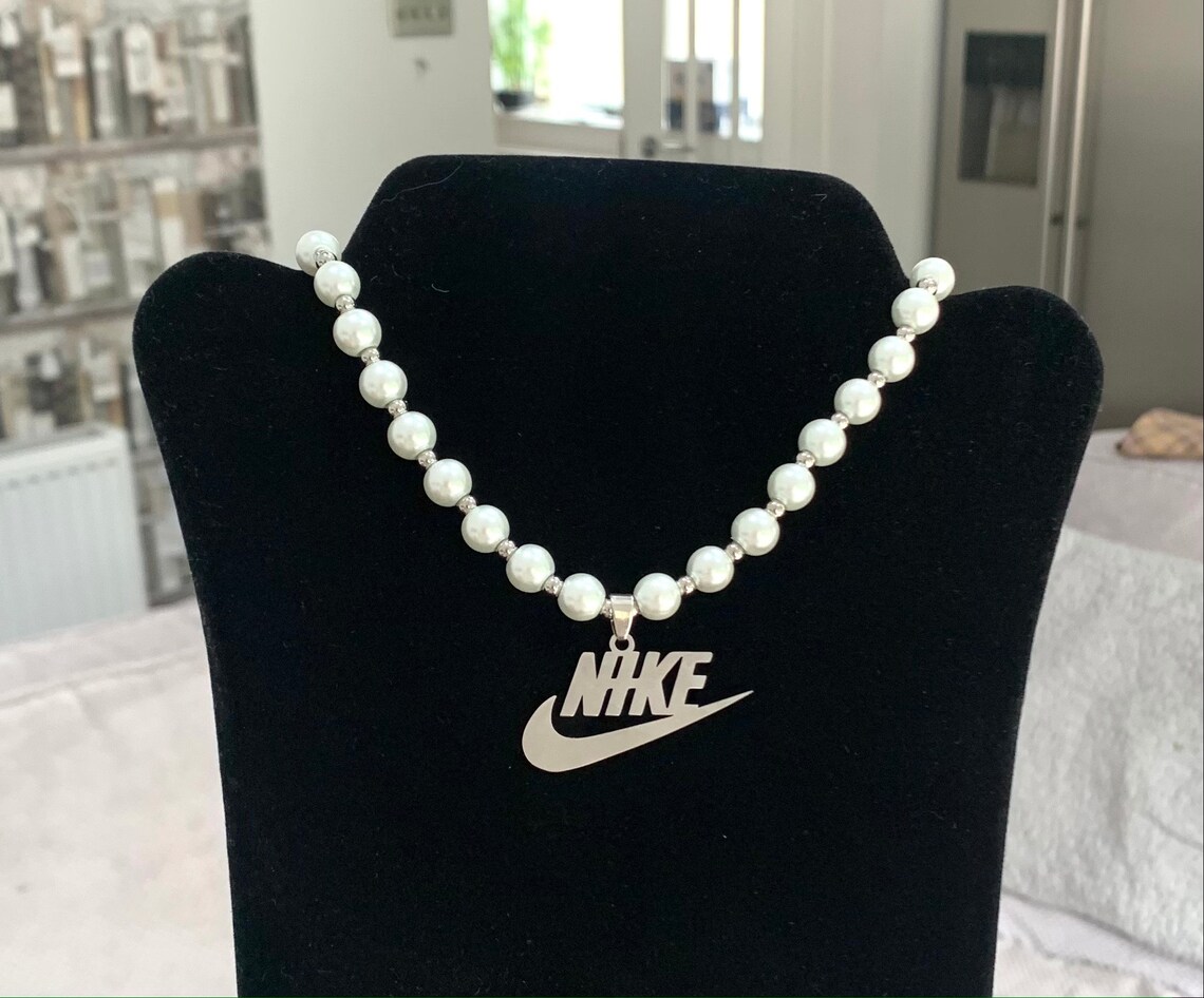 Nike Swoosh Beaded Silver Pendant Chain Necklace Etsy
