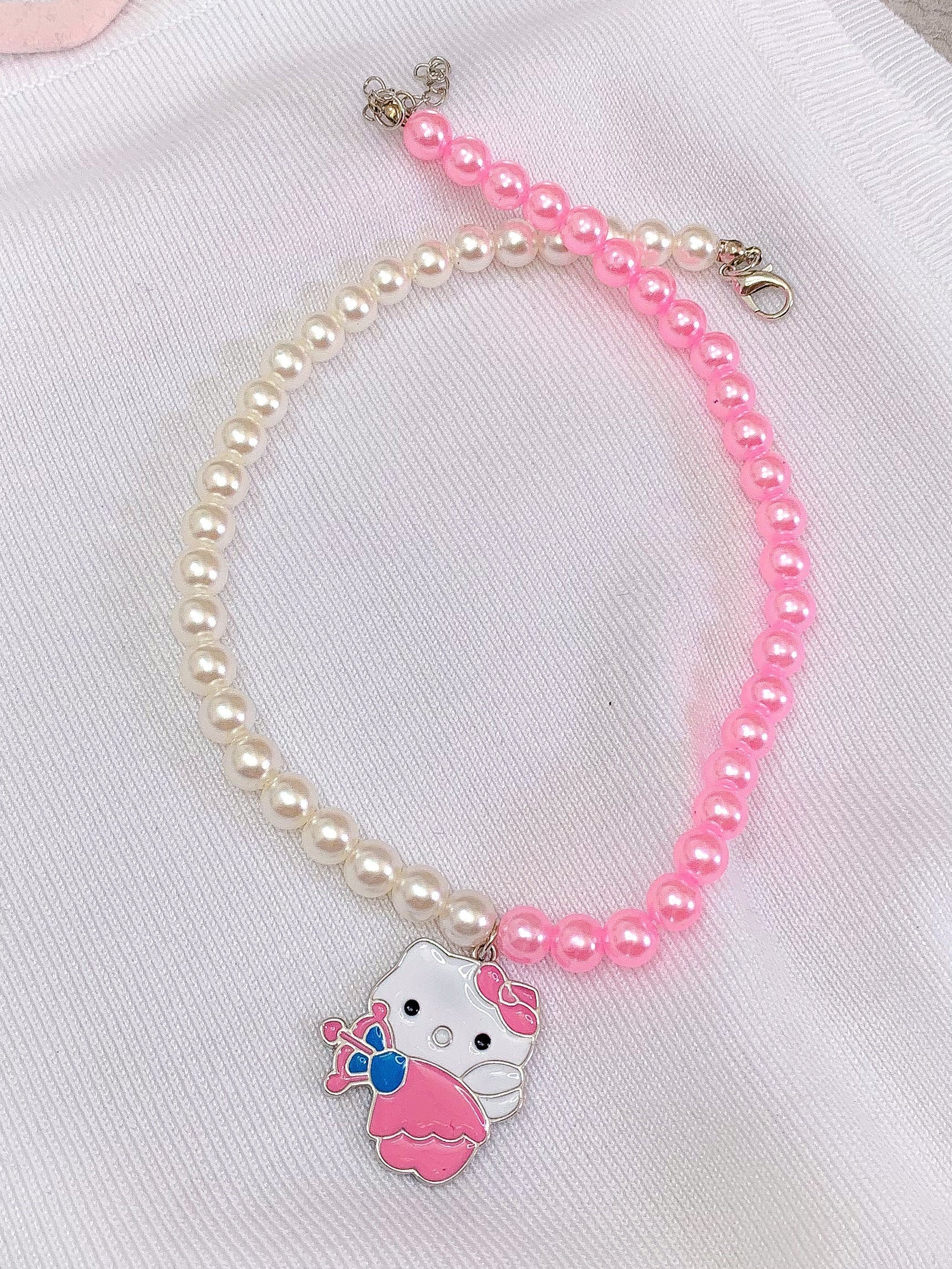Hello Kitty Pink and White Beaded Silver Chain Charm Necklace Etsy