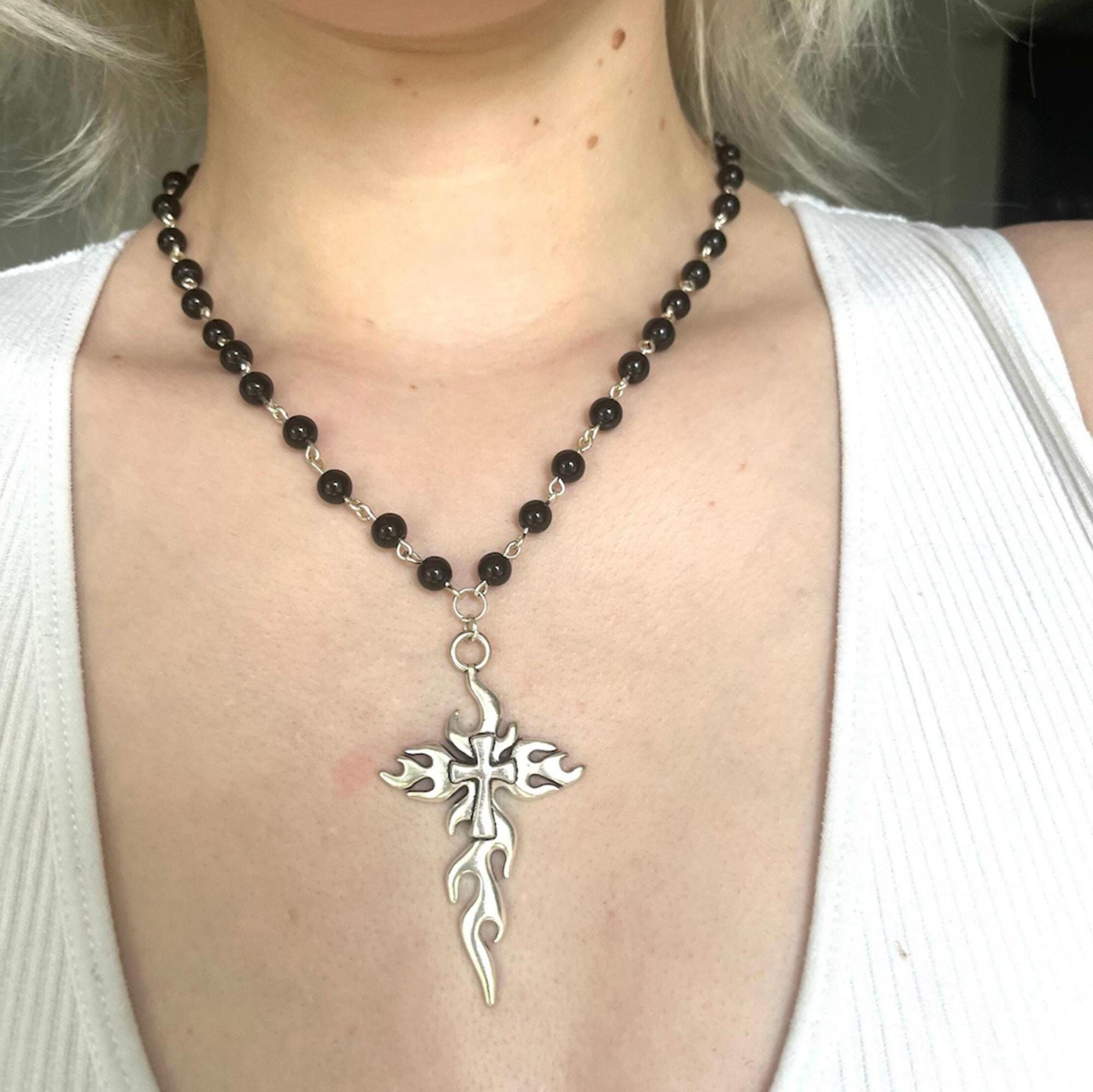 2 Colliers Croix Gothique En Perles Noires - Pendentif Croix - Style Punk - Pour Femmes - Halloween, Noël