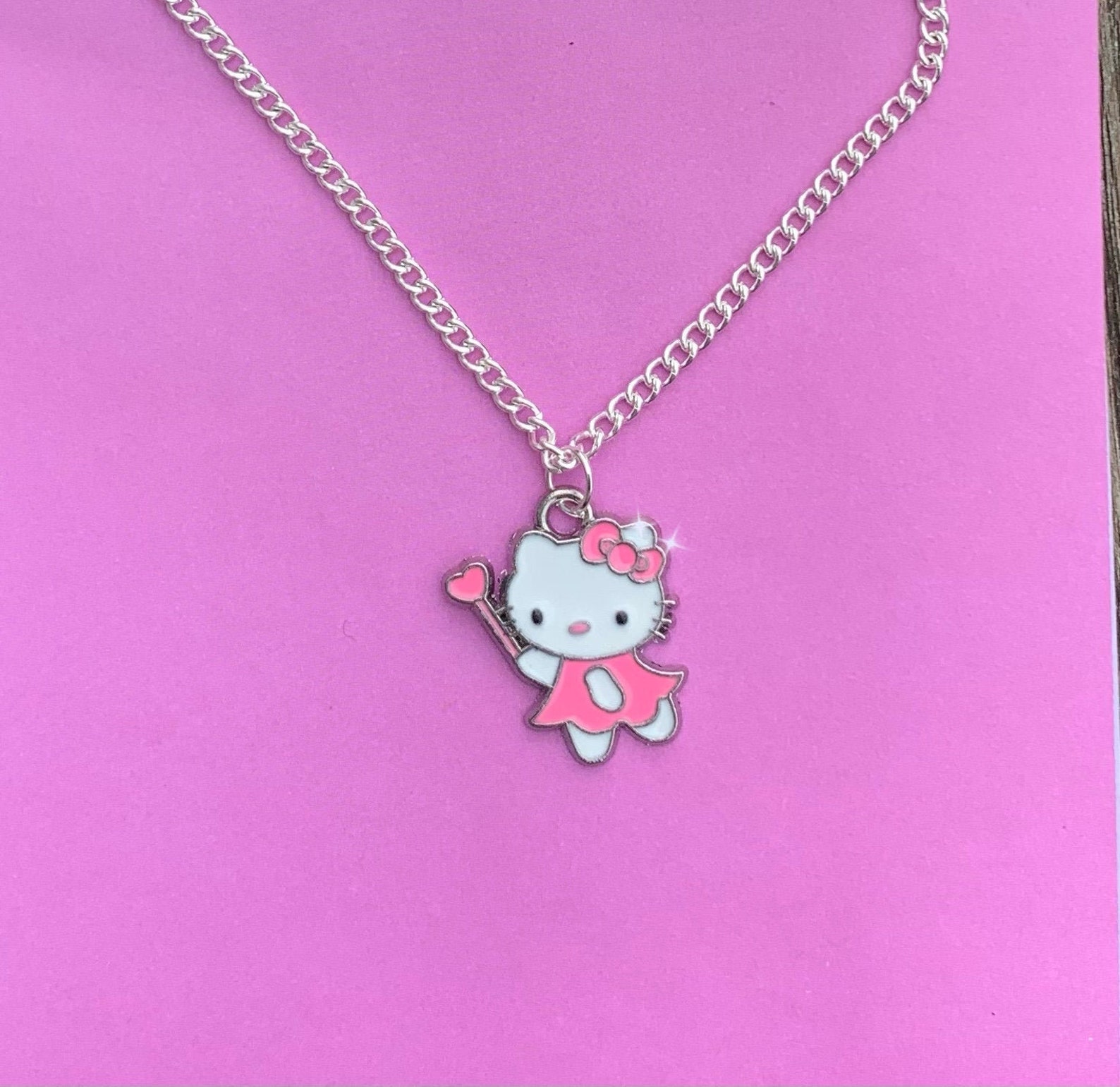 Hello Kitty Pink and White Silver Necklace Chain Pendant Y2K Etsy