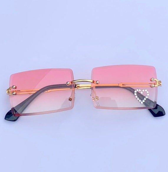 Y2K Retro Pink Sunglasses With Heart Rhinestones Rectangle