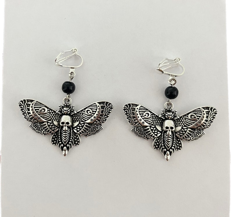 Death Head Moth Clip On Earrings, Gothic Clip-On Earrings, Goth Non-Pierced Earrings, Death Moth Earrings image 6