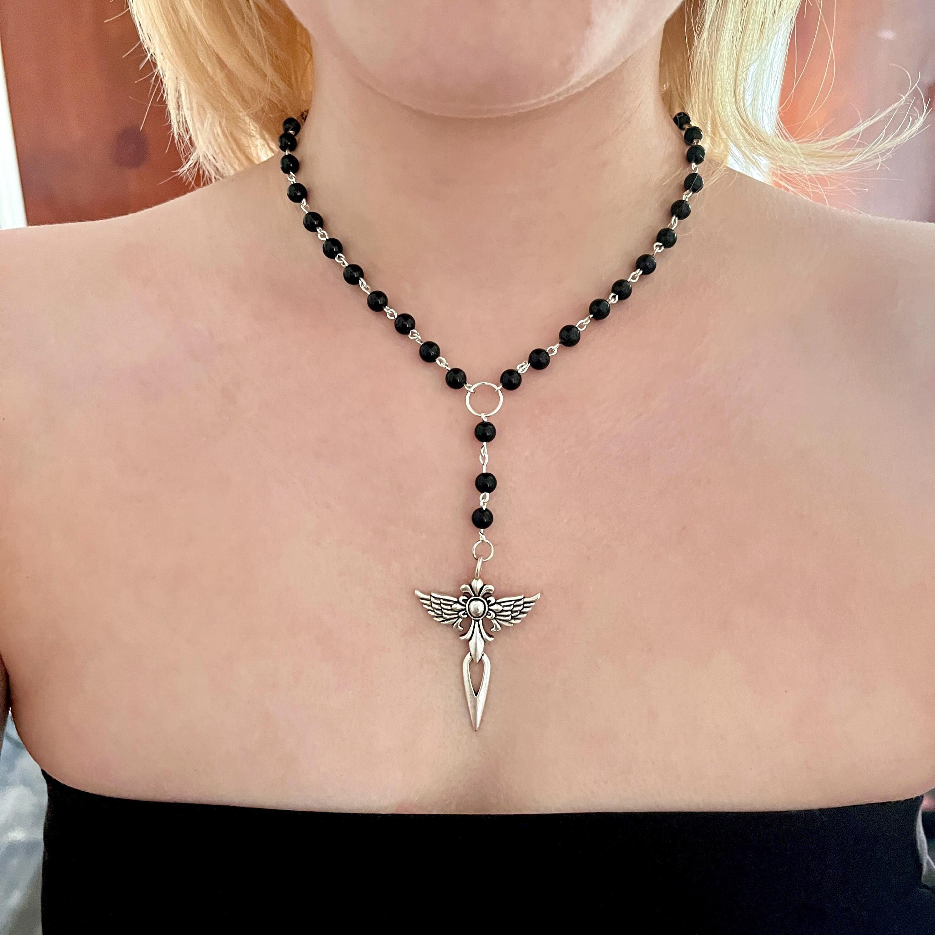 【chainmail】rosary necklace grunge goth Goth Rosary Necklace, Gothic Necklace, Black Rosary Style Necklace