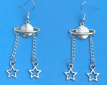 Planet Star Silver Earrings, Space Saturn Pendant Earrings, Saturn Jewellery