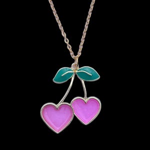 Gold Cherry Necklace, Y2K Pink Cherry Necklace, Fruit Necklace, 90s Necklace, Cherry Heart Necklace, Y2K Jewelry