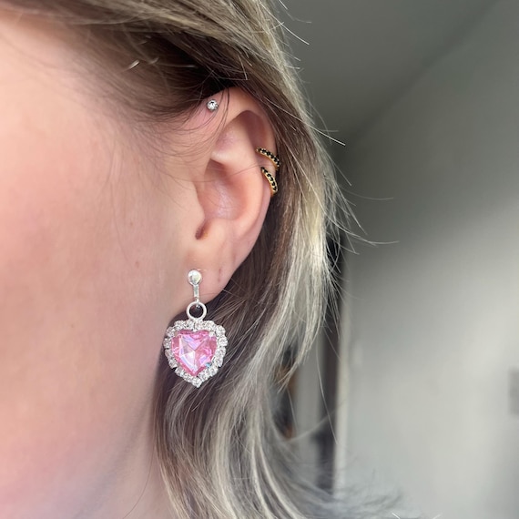 Y2K Pink Heart Clip on Earrings, 2000s Pink Clip-on Earrings