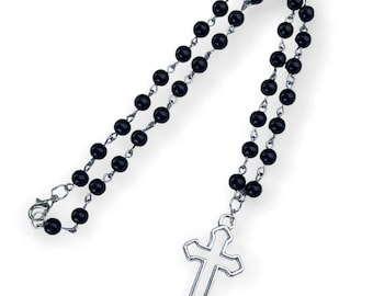 Gothic Rosary Necklace: Black Beads, Large Cross, Goth Jewelry
